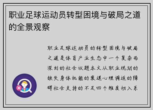 职业足球运动员转型困境与破局之道的全景观察